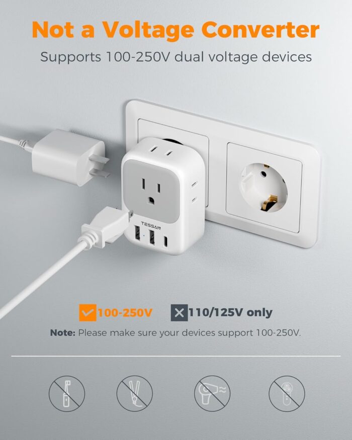 European Travel Plug Adapter USB C, TESSAN International Plug Adapter with 4 AC Outlets 3 USB Charging Ports, Type C Europe Power Adaptor for US to EU France Germany Iceland Spain Italy - Image 5