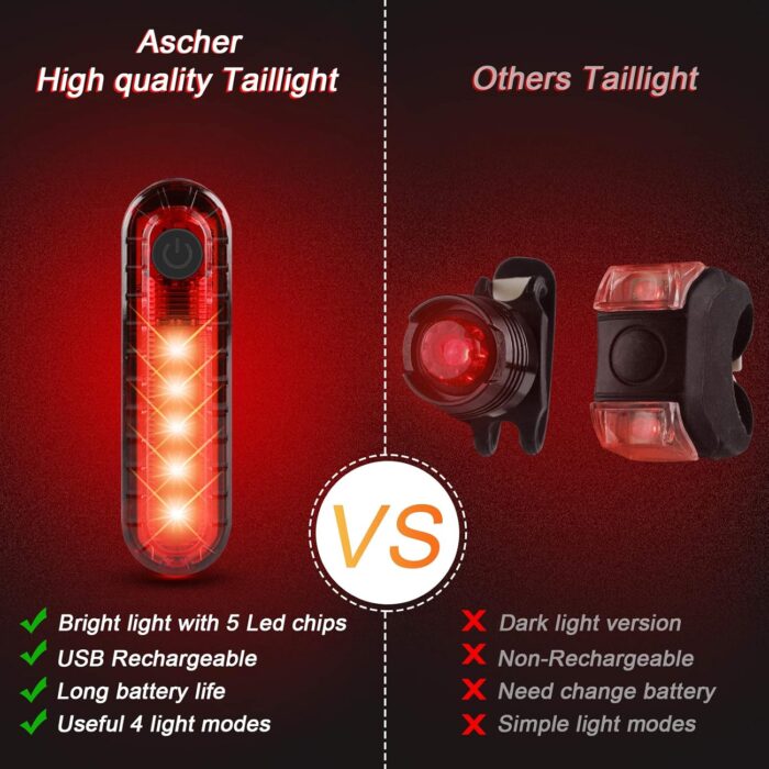 Ascher USB Rechargeable LED Bike Tail Lights 2 Pack, Bright Bicycle Cycling Rear Light, 4 Light Mode Options Safety Bike Light for Adults Kids Men Women Road Mountain(2 USB Cables Included) - Image 3