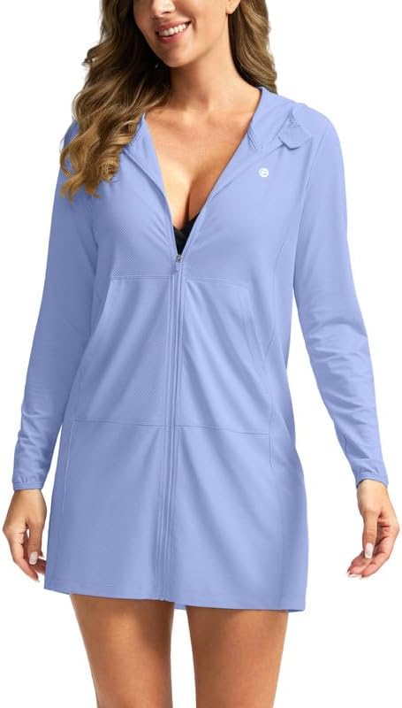 Women's UPF 50+ Swim Cover Up Sun Protection Hoodie Long Jacket SPF Lightweight Beach Cover Ups for Women