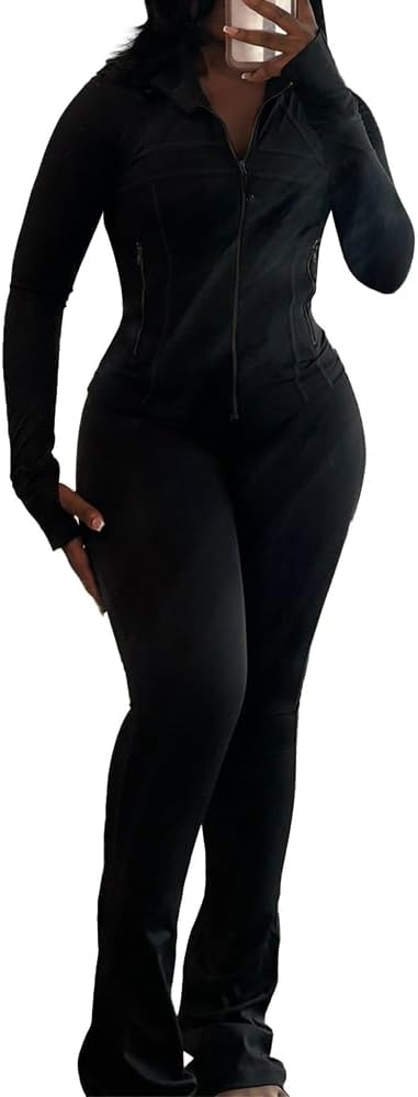 Molilove Womens 2 Piece Outfits Lounge Sweatsuit Set Long Sleeve Zipper Crop Jacket Long Flare Pants Tracksuits Workout Set