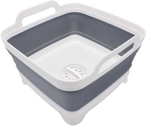 2.4 Gal(9L) Collapsible Dish Basin with Drain Plug, Space Saving Outdoor Multiuse Foldable Sink Tub, Dishpan, Kitchen Storage Tray for Camping, Vegetable Washing, RV (Gray)