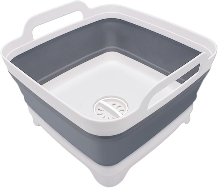 2.4 Gal(9L) Collapsible Dish Basin with Drain Plug, Space Saving Outdoor Multiuse Foldable Sink Tub, Dishpan, Kitchen Storage Tray for Camping, Vegetable Washing, RV (Gray)
