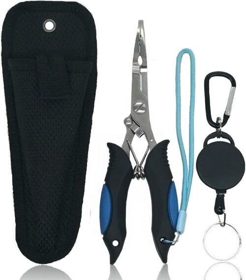 Stainless Steel Fishing Pliers - Needle Nose Plier for Cutting Fishing Line, Multitool Pliers with Sheath and Telescopic Lanyard | Fishing Tools