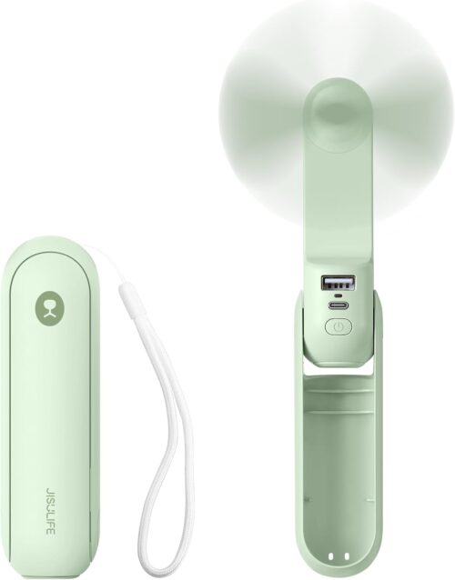 JISULIFE Portable Handheld Fan, Mini 3 In 1 with Rechargeable Battery, Personal Pocket Fan for Travel, Outdoor, USB Power Bank, Flashlight, Essential Ideal Gifts for Men/Women/Family/Friends - Green