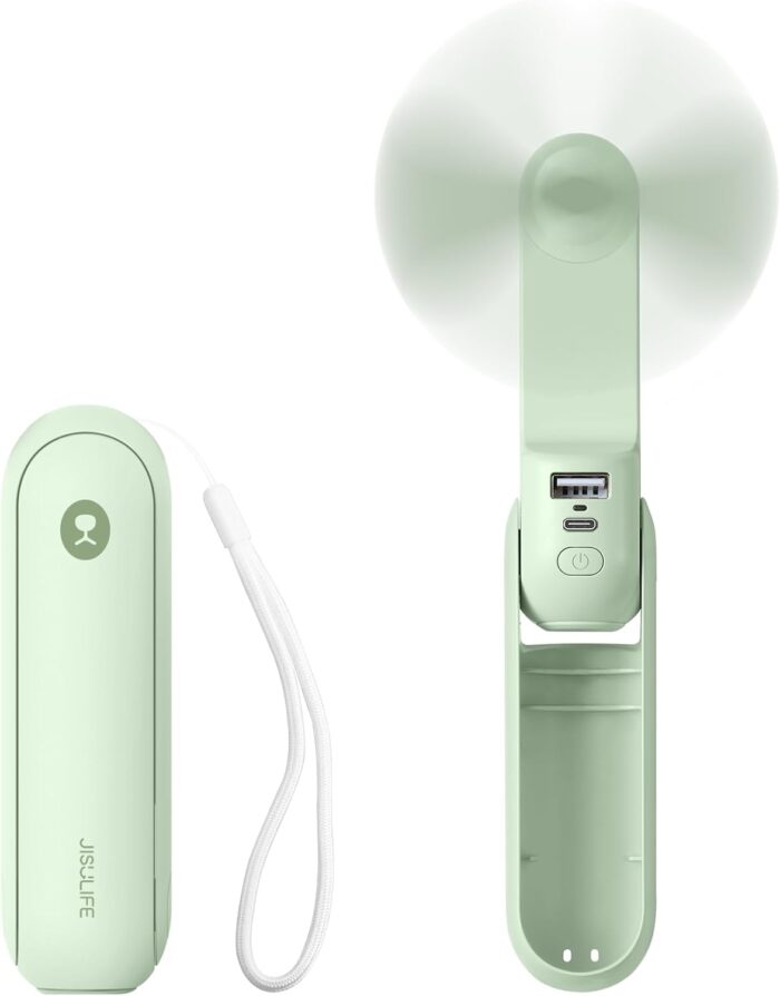JISULIFE Portable Handheld Fan, Mini 3 In 1 with Rechargeable Battery, Personal Pocket Fan for Travel, Outdoor, USB Power Bank, Flashlight, Essential Ideal Gifts for Men/Women/Family/Friends - Green