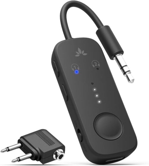Avantree Relay - Airplane Bluetooth 5.3 Adapter with Qualcomm aptX Adaptive, Supports 2 AirPods or Headphones, 20Hr Playtime, 3.5mm AUX Wireless Audio Transmitter for Travel Flight, Airline, Gym, TV
