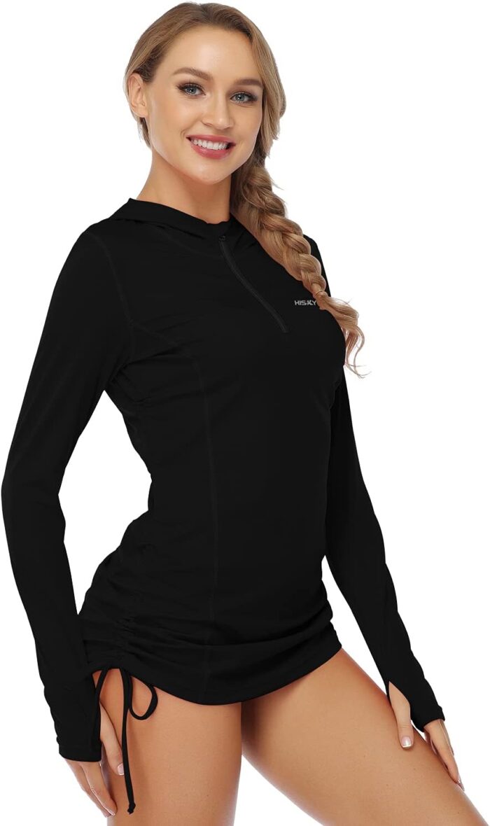 HISKYWIN Womens Hoodie Thumb Hole UV Sun Protection Rash Guard Side Adjustable Wetsuit Swimsuit Top