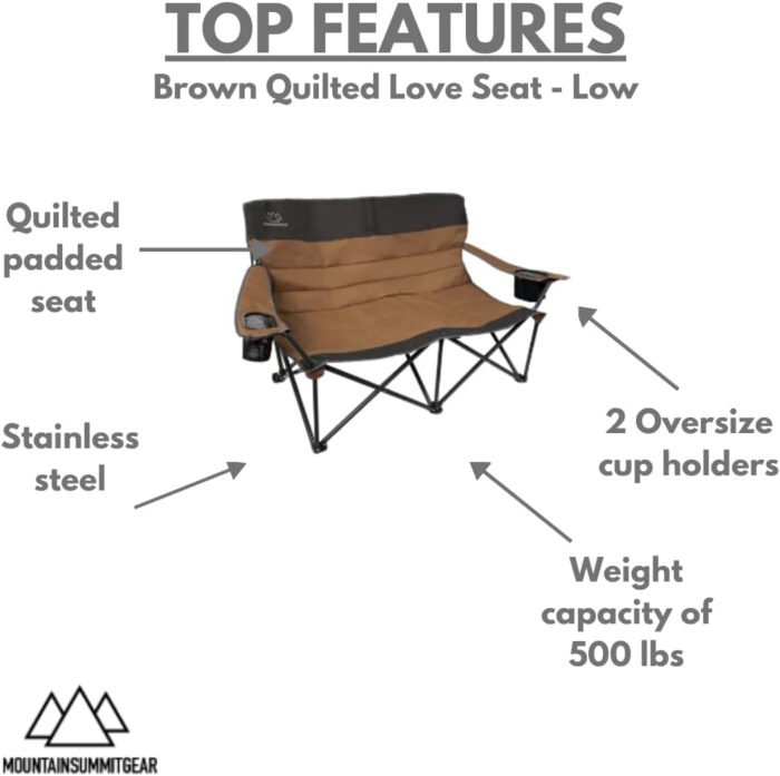 Quilted Low Loveseat Camping Chair for 2 with Padded Seat and Back for Camping/Hiking/Backpacking Made by Caddis Sports (Low Loveseat (Brown)) - Image 4
