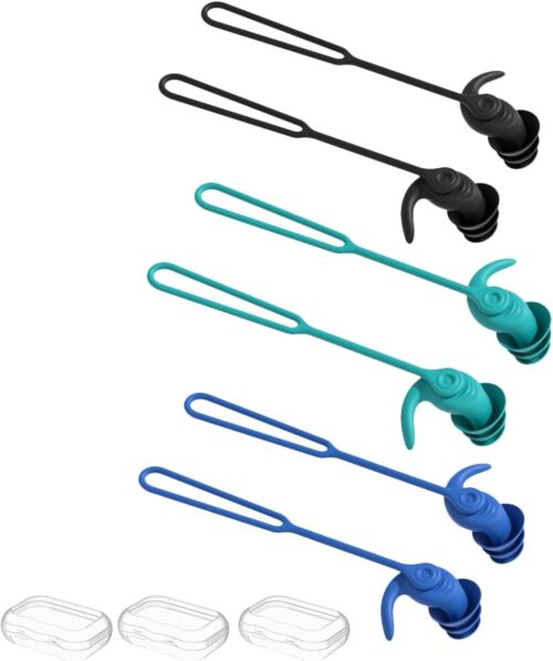 Swimming Ear Plugs for Adults,3 Pairs Anti-Lost Waterproof Reusable Silicone Swim Earplugs for Swimming Showering Surfing Snorkeling (Black,Blue,Cyan, Adults Size)