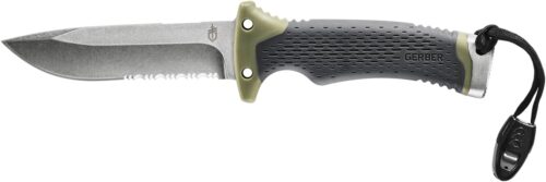 Gerber Gear Ultimate Survival Knife, Fixed Blade Knife with Combo Edge, includes Fire Starter Edge and Ferro Rod, Whistle, Sheath with Integrated Sharpener - Bushcraft, Hunting and Camping Tool