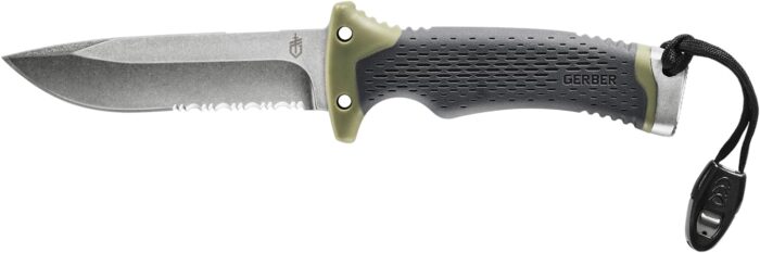 Gerber Gear Ultimate Survival Knife, Fixed Blade Knife with Combo Edge, includes Fire Starter Edge and Ferro Rod, Whistle, Sheath with Integrated Sharpener - Bushcraft, Hunting and Camping Tool