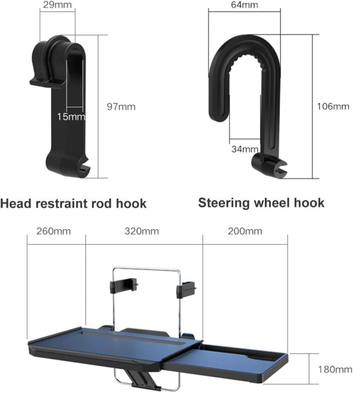 2 in 1 Car Steering Wheel Tray/Back Seat Headrest Tray for Eating Food Drink and Writing Laptop Work, Black Car Desk - Image 6
