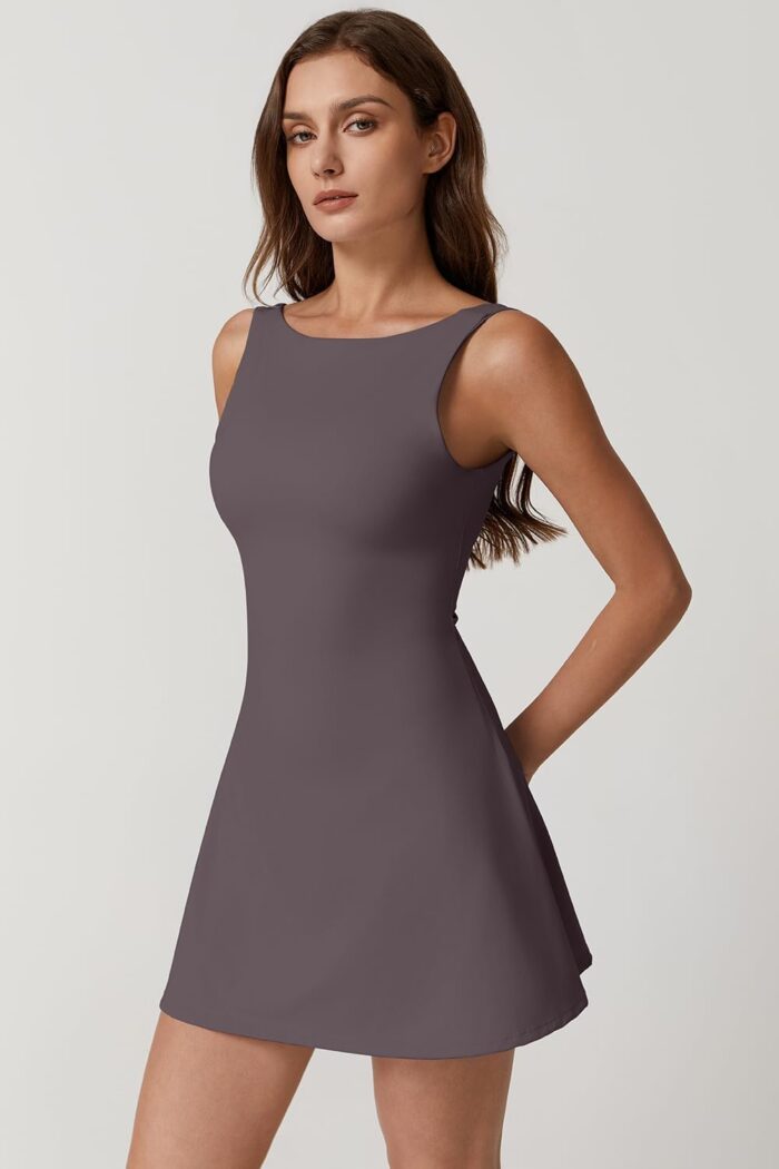 QINSEN Womens Open Back Tennis Dress Sleeveless Built in Shorts Golf Athletic Dress with Pockets - Image 3