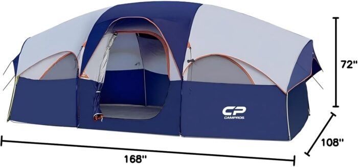 CAMPROS CP Tent 8 Person Camping Tents, Weather Resistant Family Tent, 5 Large Mesh Windows, Double Layer, Divided Curtain for Separated Room, Portable with Carry Bag - Image 7
