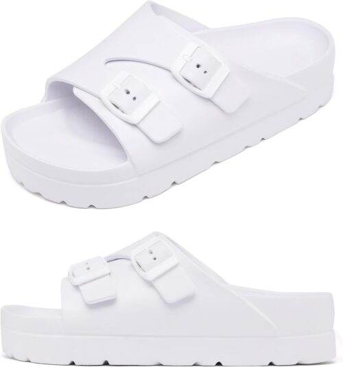 Womens Platform Sandals with Arch Support, Adjustable Buckle Beach Sandal Woman Comfort Lightweight Ultra Cushion EVA Slides