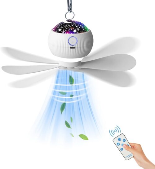 Ceiling Fans with Lights & Starry Projection, LED Hanging Camping Fan with Remote & Timer, 3600mAh Rechargeable Battery Portable Tent Fan for Car RV Survival Kit Camping Essentials(Fit 1-2 Person)