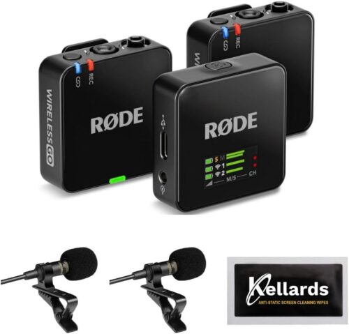 Rode Wireless GO (Gen 3) 2-Person Compact Digital Wireless Microphone Recorder Black Bundle with Grade Lavalier Lapel Microphone (2 Pack), Kellards Cleaning Cloth