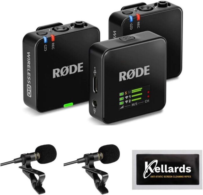 Rode Wireless GO (Gen 3) 2-Person Compact Digital Wireless Microphone Recorder Black Bundle with Grade Lavalier Lapel Microphone (2 Pack), Kellards Cleaning Cloth