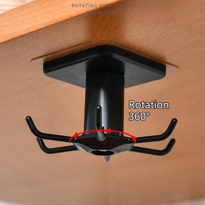 2pcs 360 °Rotation Utility Hooks,Under Cabinet Kitchen Hooks,Nail Free Adhesive Kitchen Utensils Hanging Hooks for Kitchen Utensils/Tools/Towel/Knife(Black) - Image 5