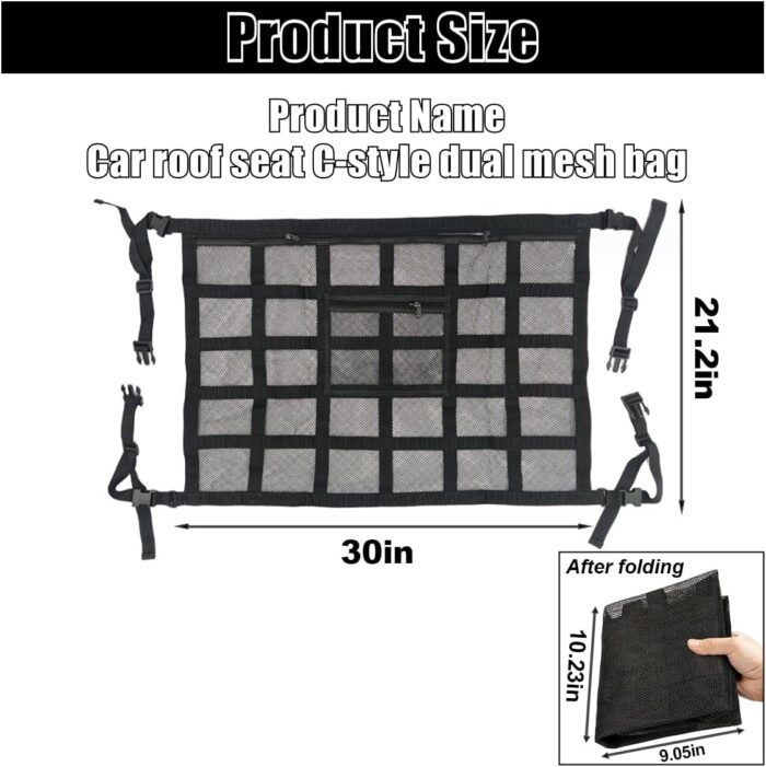 Car Ceiling Cargo Net Pocket, 30" x 21.2", Droop Less Car Storage Organizer, Strengthen Load Bearing Double Layer Mesh Organizer, SUV, Trucks, Camping, Road Trip Essentials - Image 2
