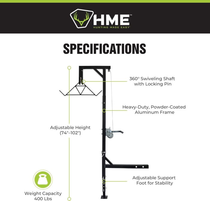 HME Game Hoist Kit with Winch Gambrel, 400 Pound Capacity, Adjustable Height, Black – 360 Degree Swivel, Support Stand Foot for Hanging Hunting Game - Image 3