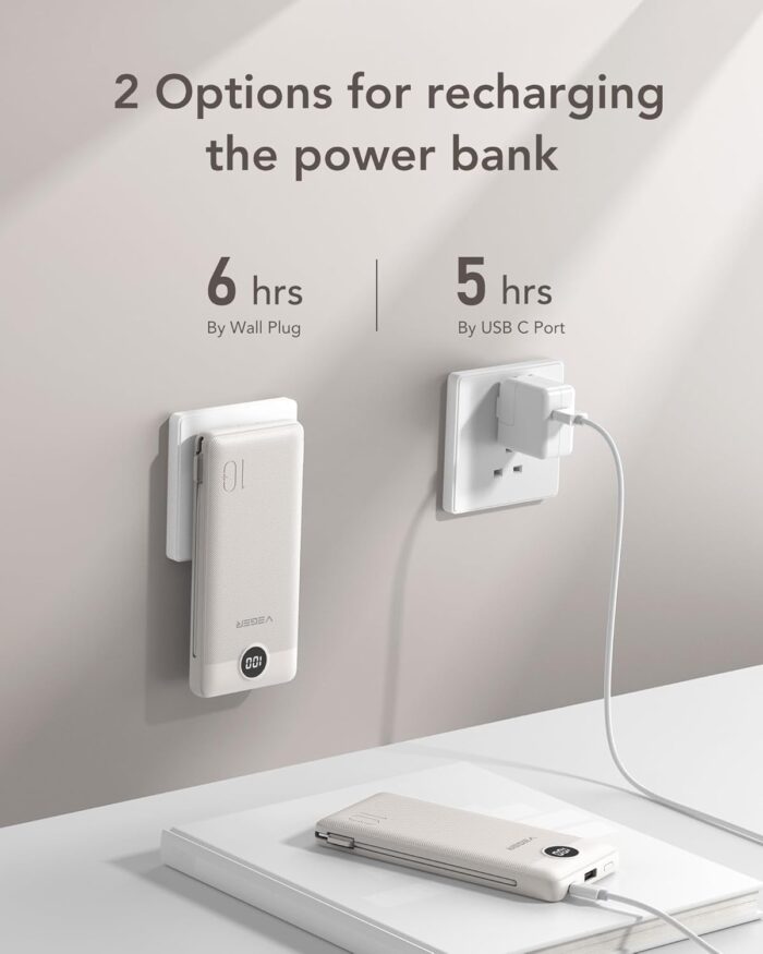 VEGER Portable Charger for iPhone with Built in Cables and Wall Plug, 10000mah Slim Fast Charging USB C Power Bank, Travel Essential Battery Pack Compatible with iPhone, iPad, Samsung etc(Coffee) - Image 5