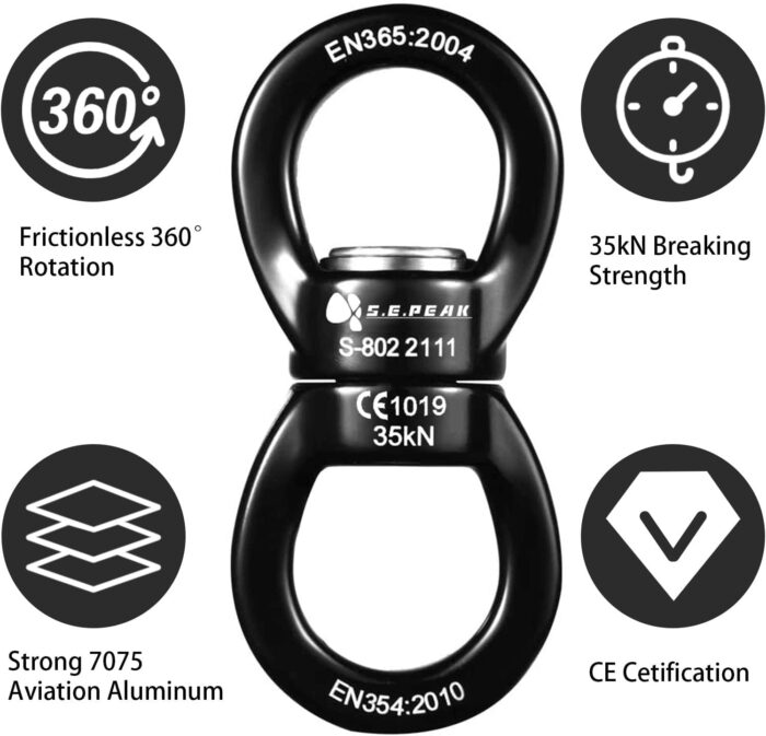 35kN Swing Swivel, CE Certified Safe Swivel Hook, 360°Rotational Device, Silent Hanging Accessory for Tree Swing, Aerial Dance, Swing Spinner Hanger, Rock Climbing, Hanging Hammock,Carabiner - Image 5