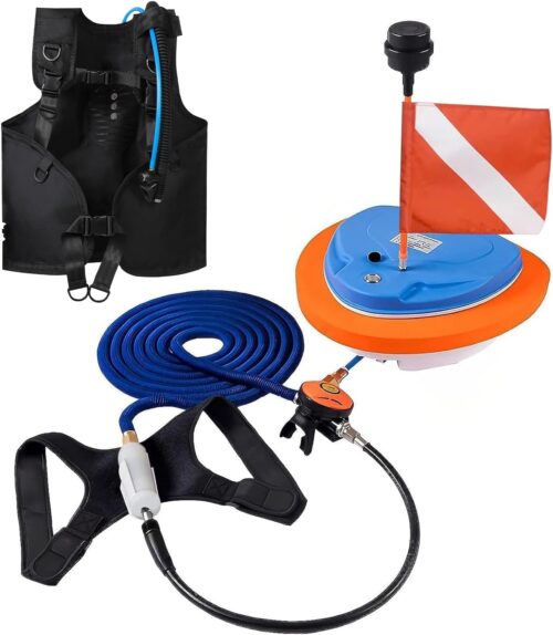 5 Hours Scuba Diving Ventilator System with Mask Mount, Diving Equipment Diving Toys Floating Air Pump/Tank with 10M Telescopic Pipe & Breathing Regulator 57 Liters/min for Underwater Snorkeling