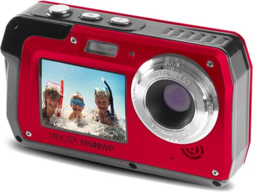 Minolta MN40WP 48MP Waterproof Digital Camera – Dual LCD Screens, 2.7K QHD Video, 16x Digital Zoom, Anti-Shake, Face Detection, 10ft Waterproof (Red)