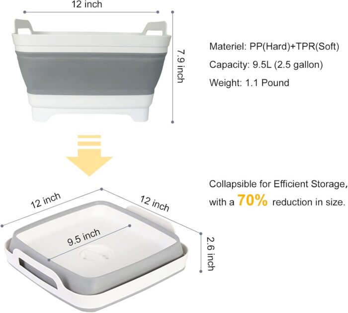 Collapsible Wash Basin with Drain Plug – 2.4 Gallon Portable Sink Tub for Baby Bottles, Dishwashing, RV & Camping | Space Saving Foldable Design | BPA-Free TPR/PP Material (Grey) - Image 3