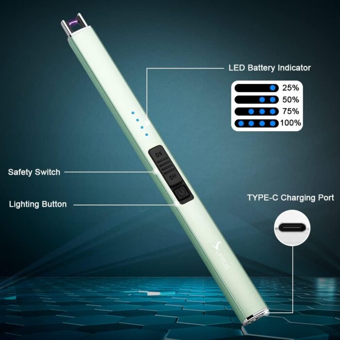 SUPRUS Electric Lighter Arc Windproof Flameless USB Rechargeable Lighter with Safety Lock for Candle BBQ Camping (Green) - Image 3