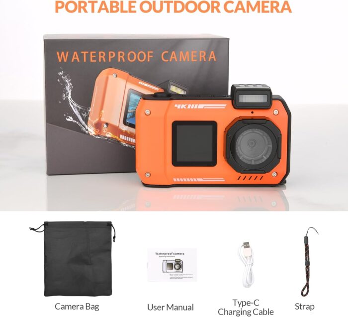 4K Underwater Camera 33 FT Waterproof Camera with Dual Screens Selfie Digital Camera Built-in 2500 mAh Battery 48MP Autofocus Waterproof Digital Camera for Snorkeling, Novice Photographer,Orange - Image 7