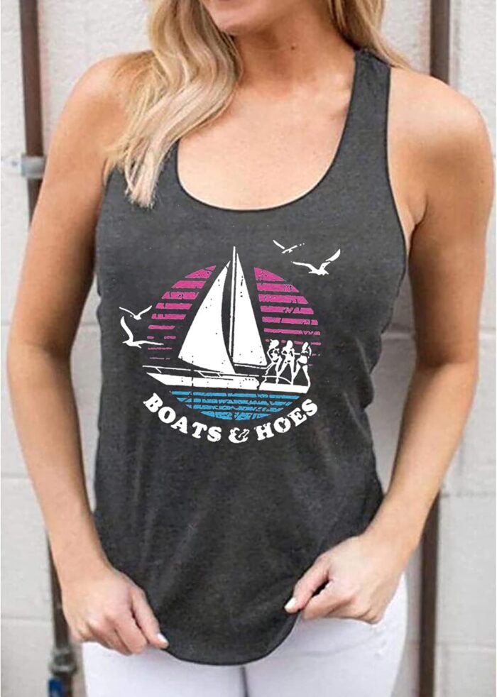 Boats and Hoes Tank Tops Women Funny Sailboat Graphic Sleeveless T-Shirt Casual Letter Print Vacation Vest Tees - Image 2