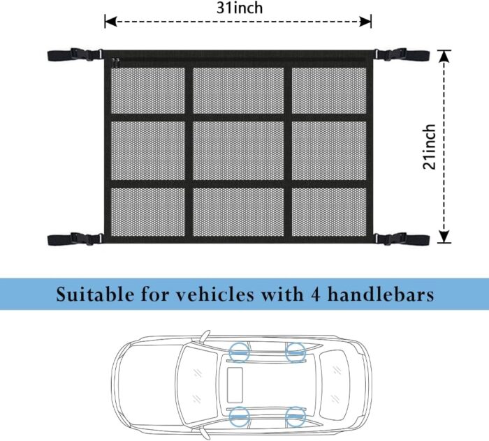 Car Ceiling Cargo Net,Double Layer Large Capacity Overhead Cargo Net for Car with Zip Seals,Road Trip Essentials Truck Organizer on Truck SUV Roof - Image 2