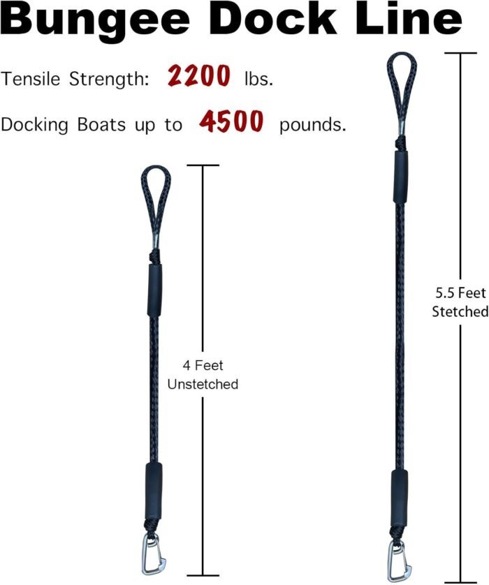 4 Feet Bungee Dock Line Mooring Rope 2-Pack for Docking with Stainless Steel Clip Accessories for Boats PWC, Built in Snubber, Kayak, Watercraft,SeaDoo,Jet Ski, Pontoon, Canoe, Power Boat - Image 3