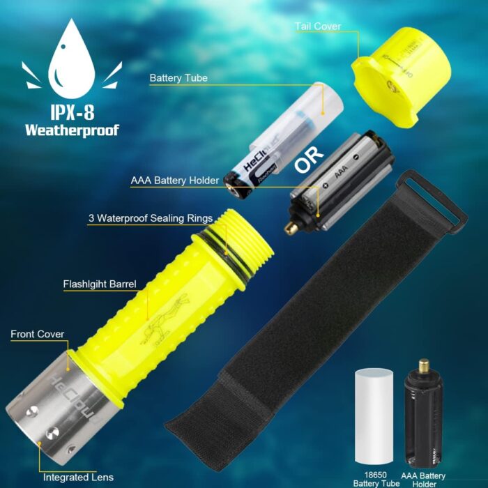 Diving Flashlight with Rechargeable Power Scuba Dive Light IPX8 Waterproof Underwater Flashlight Snorkeling Diving LED High Lumens Torch, 3 Modes with Charger for Underwater Sports(2Pack) - Image 4
