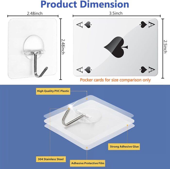 Adhesive Hooks for Hanging Heavy Duty Wall Hooks Self Adhesive Towel Coat Hooks Waterproof Transparent Hook for Bathroom Shower Kitchen Keys Door Outdoor Home Improvement Utility Hook 12 Pack - Image 2