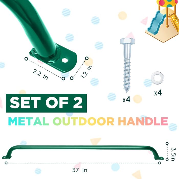 Lounsweer 2 Pieces Playground Accessories Metal Green Safety Handles Playhouse Ladder Handle Long Green Grab Handle Bars for Treehouse, Jungle Gym, Rock Climbing Wall, Playground (37 Inch) - Image 2