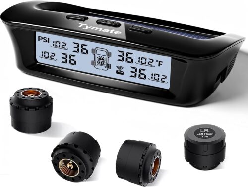 Tymate RV Tire Pressure Monitoring System - M12-3 Tire Pressure Monitor System (0-87 PSI) with Solar Charge, 5 Alarm Modes, Auto Sleep Mode, LCD Display, RV TPMS with 4 Sensors, Easy to Install