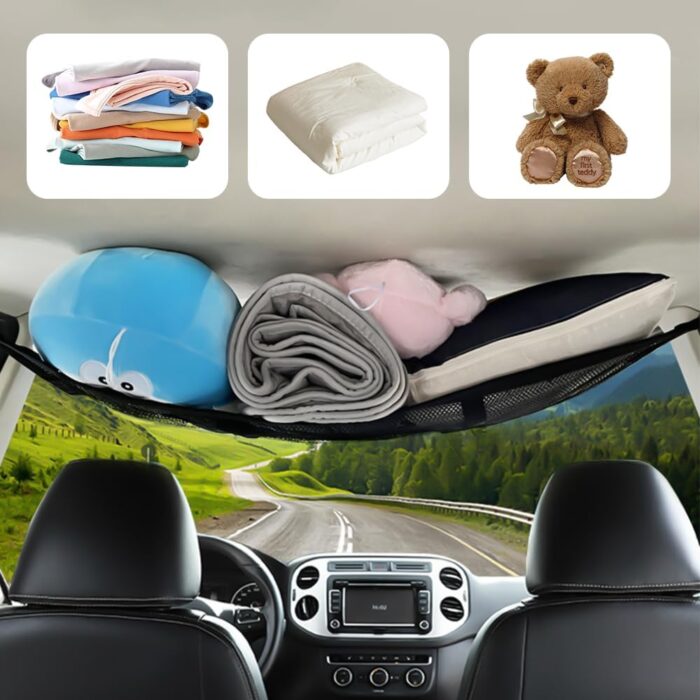 Car Ceiling Cargo Net,Double Layer Large Capacity Overhead Cargo Net for Car with Zip Seals,Road Trip Essentials Truck Organizer on Truck SUV Roof - Image 3
