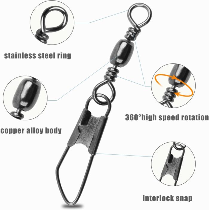 AGOOL Barrel Swivel Snap Kit - 50pcs Barrel Swivels with Safety Snaps High Strength Fishing Quick Connect Snap Swivels with Solid Ring Fishing Tackle Accessories Box Kit Size 4#,6#,8#,10#,12#,14# - Image 2