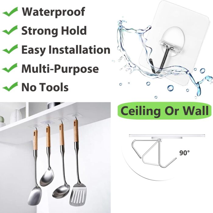 Adhesive Hooks for Hanging Heavy Duty Wall Hooks Self Adhesive Towel Coat Hooks Waterproof Transparent Hook for Bathroom Shower Kitchen Keys Door Outdoor Home Improvement Utility Hook 12 Pack - Image 3
