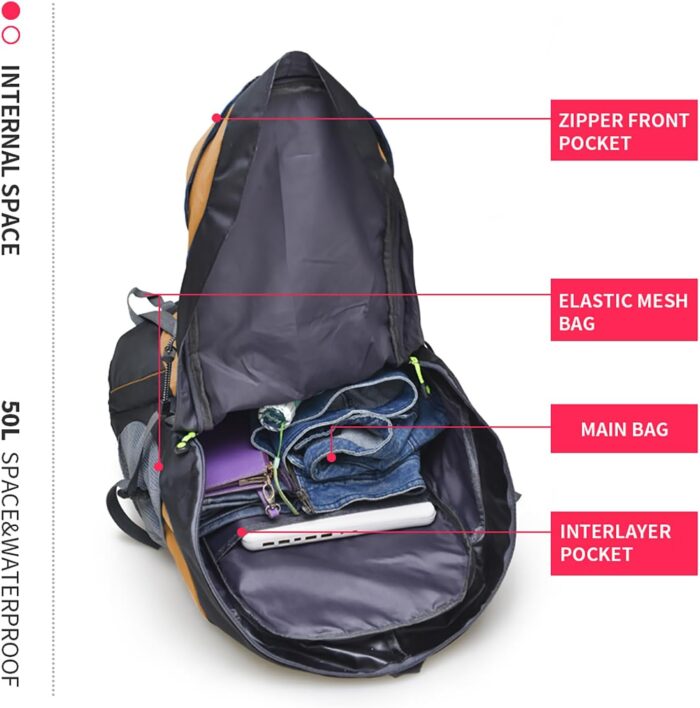 Bseash 50L Hiking Backpack, Water Resistant Lightweight Outdoor Sport Daypack Travel Bag for Camping Climbing Skiing Cycling (Gold - With Shoe Compartment) - Image 5