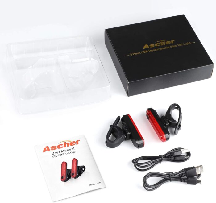 Ascher USB Rechargeable LED Bike Tail Lights 2 Pack, Bright Bicycle Cycling Rear Light, 4 Light Mode Options Safety Bike Light for Adults Kids Men Women Road Mountain(2 USB Cables Included) - Image 9