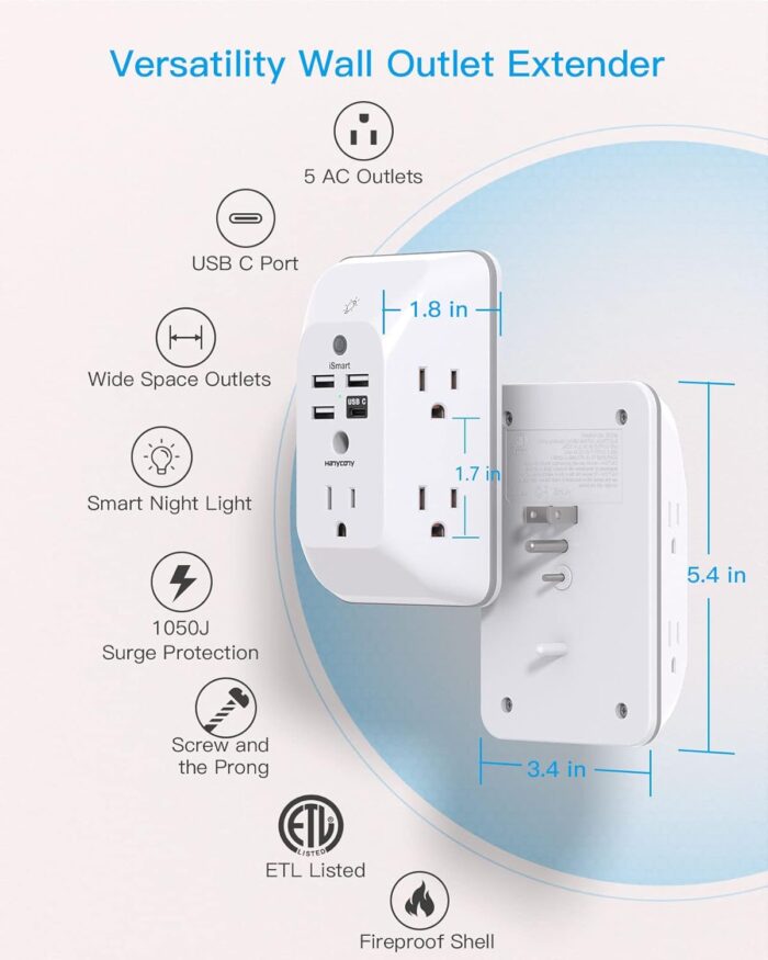 Outlet Extender with Night Light, HANYCONY Multi Plug Outlet, USB Wall Charger Surge Protector 4 USB Ports(1 USB C), Power Strip Electrical Outlet Splitter Expander for Home Office Dorm Room, ETL - Image 3