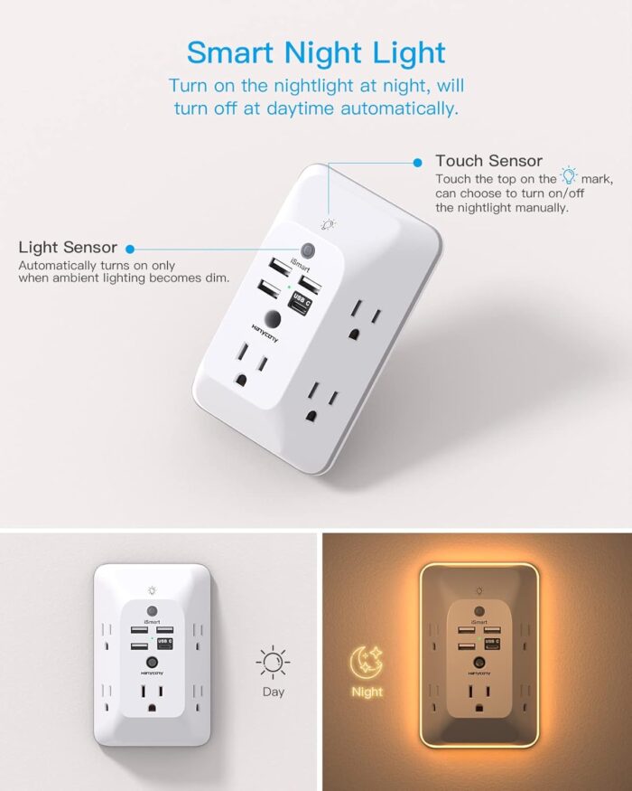 Outlet Extender with Night Light, HANYCONY Multi Plug Outlet, USB Wall Charger Surge Protector 4 USB Ports(1 USB C), Power Strip Electrical Outlet Splitter Expander for Home Office Dorm Room, ETL - Image 2