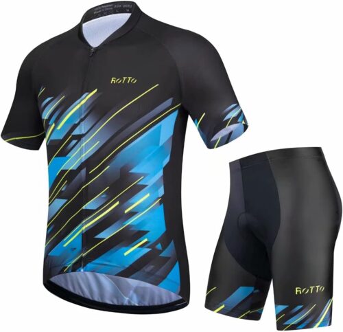 ROTTO Mens Cycling Jersey and Shorts Set Short Sleeve Biking Outfit Bike Clothing and Padded Shorts Suit