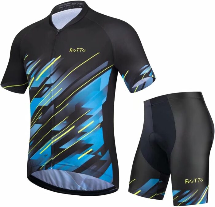 ROTTO Mens Cycling Jersey and Shorts Set Short Sleeve Biking Outfit Bike Clothing and Padded Shorts Suit