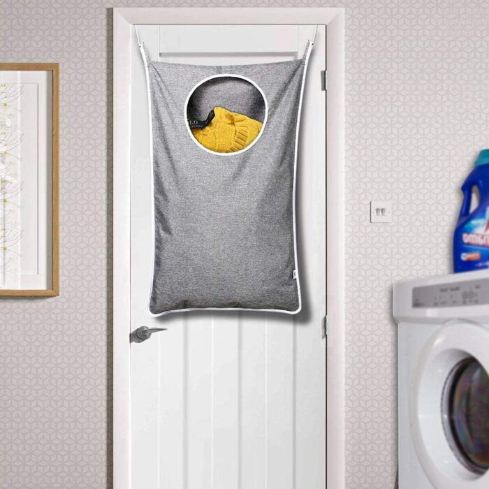 KEEPJOY Hanging Laundry Hamper Bag with Free Adjustable Stainless Steel Door 2 PCs Suction Cup Hooks, Best Choice for Holding Dirty Clothes and Saving Space, Grey - Image 7
