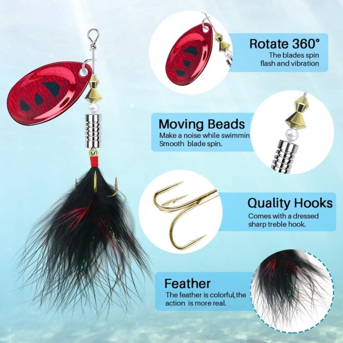 FouceClaus 10pcs Spinner Lures Baits with Tackle Box, Bass Trout Salmon Hard Metal Rooster Tail Fishing Lures Kit - Image 4